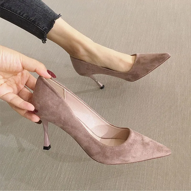 Amozae  2024 Ladies Shoe Women High Heel Fashion All-Match Comfortable Suede Pointed Toe Wear-Resistant Shoe Tacones Mujer Calzado Mujer