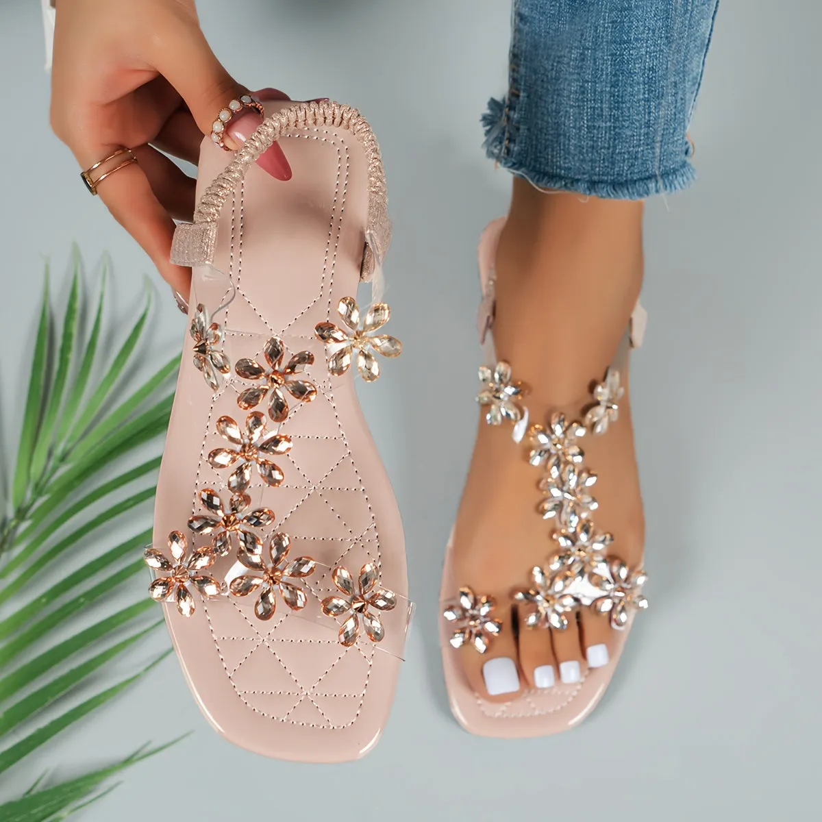 Amozae-Womens Sparkling Rhinestone Butterfly Flat Sandals - Fashionable Open Toe Summer Shoes with Comfortable Elastic Bands - Ideal for Casual Everyday Wear