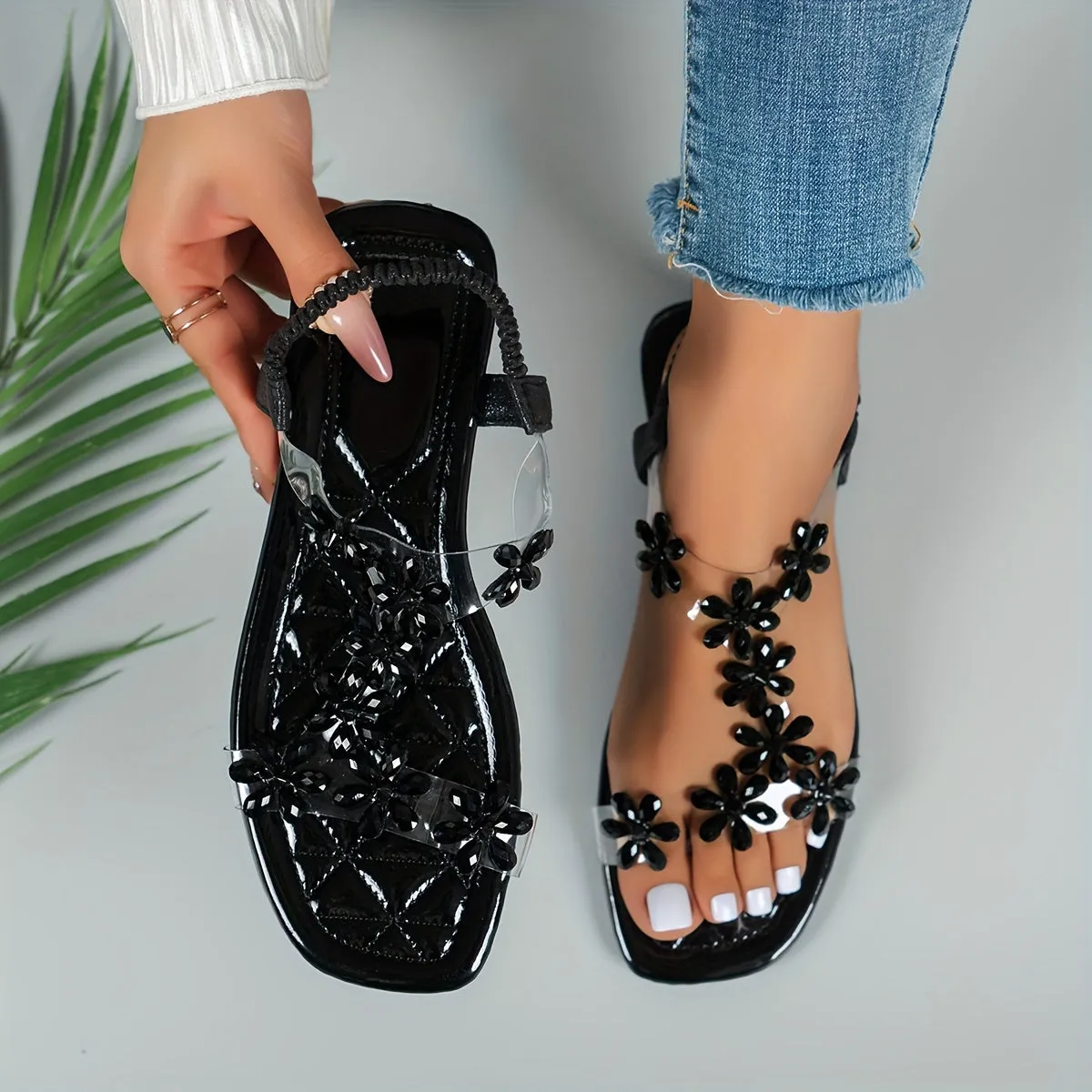 Amozae-Womens Sparkling Rhinestone Butterfly Flat Sandals - Fashionable Open Toe Summer Shoes with Comfortable Elastic Bands - Ideal for Casual Everyday Wear