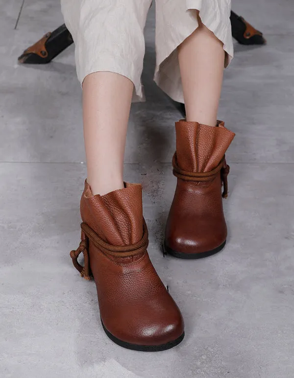 Autumn Winter Low-Tube Lace-up Leather Retro Boots