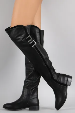 Bamboo Contrast Suede Trim Buckled Riding Over-The-Knee Boots