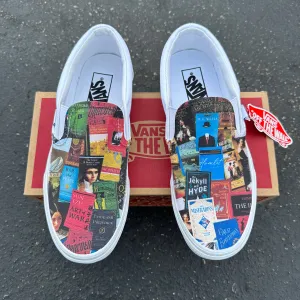 Classic Book Lovers White Slip On Vans Shoes Custom Sneakers - Custom Vans Shoes