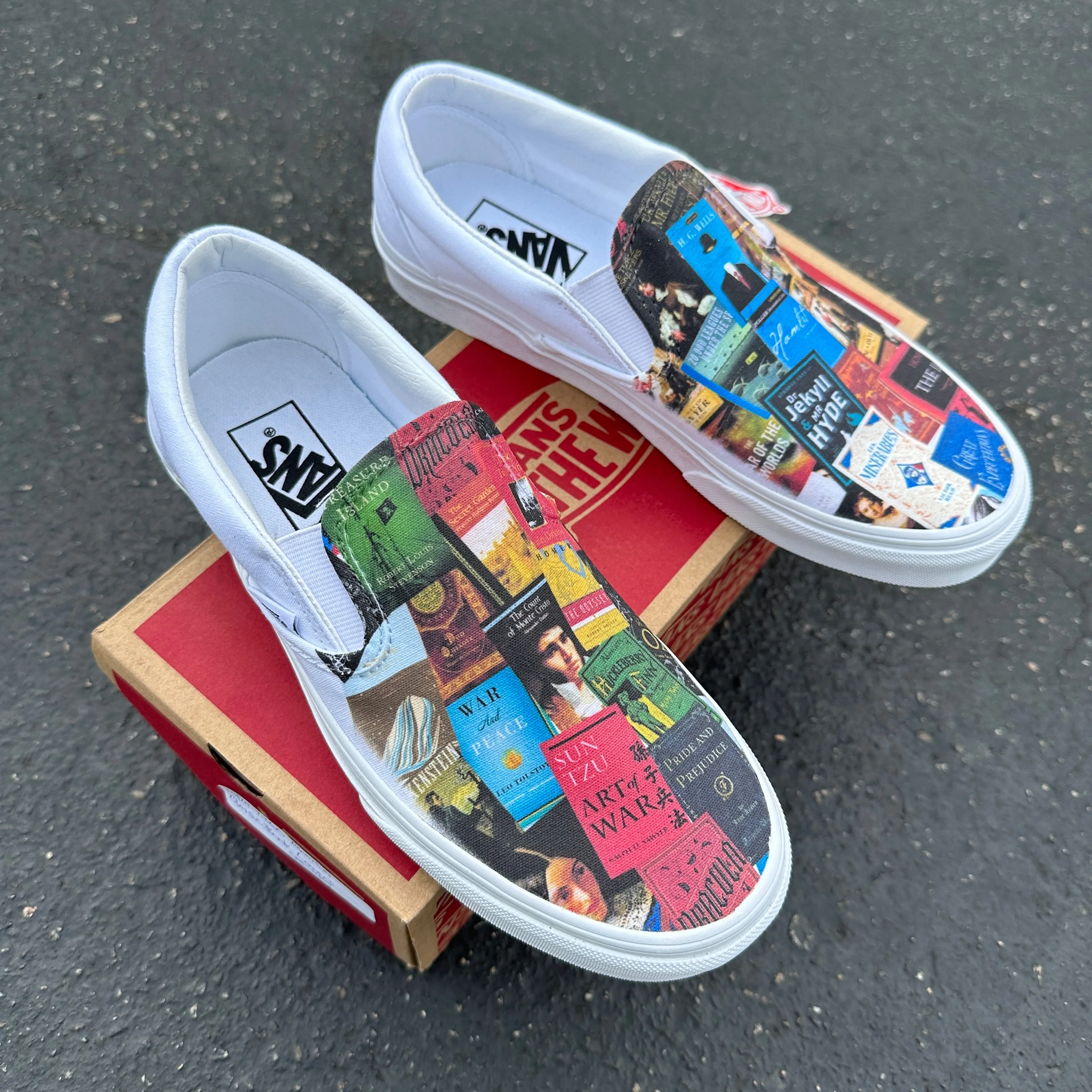 Classic Book Lovers White Slip On Vans Shoes Custom Sneakers - Custom Vans Shoes