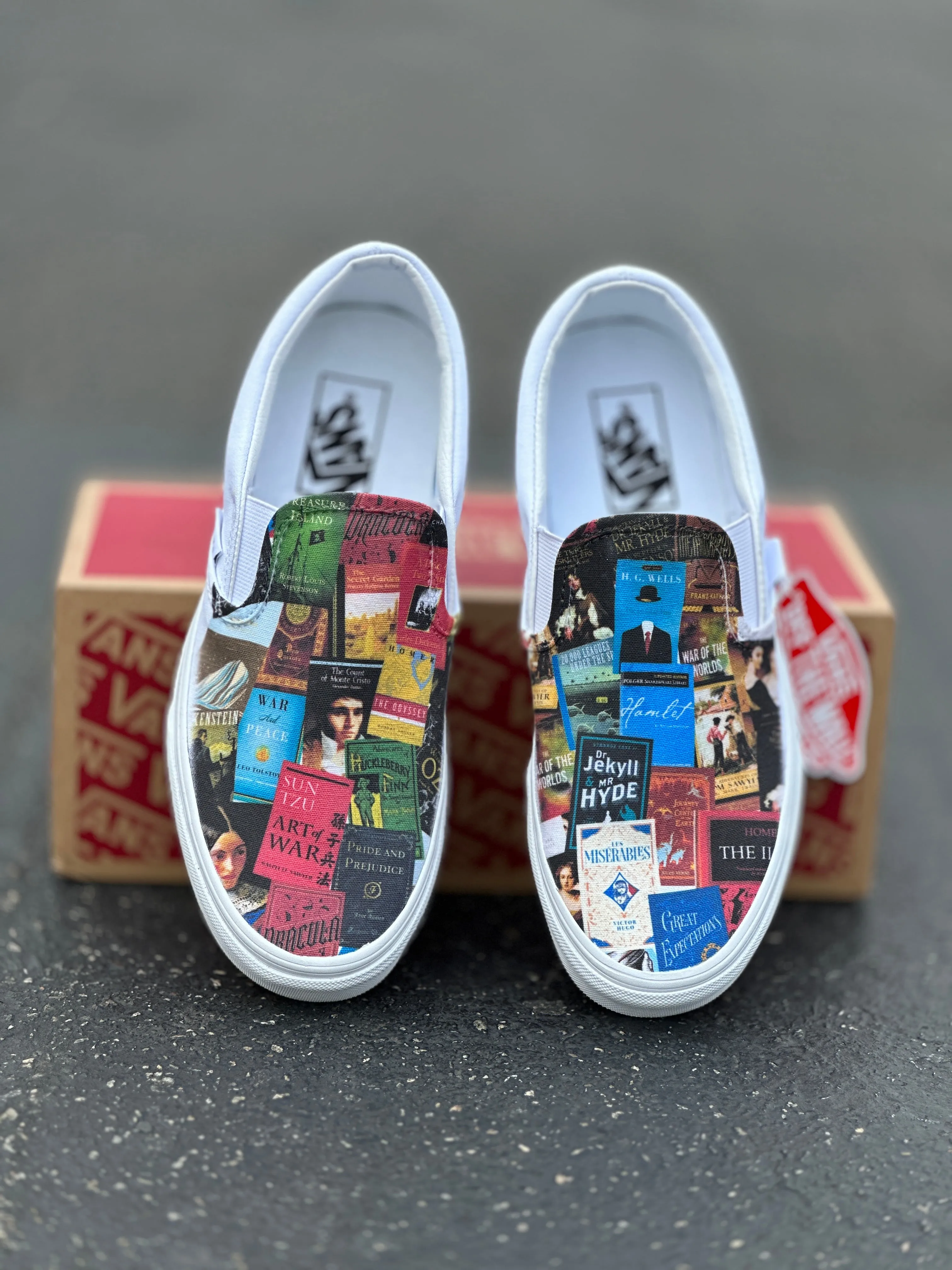 Classic Book Lovers White Slip On Vans Shoes Custom Sneakers - Custom Vans Shoes