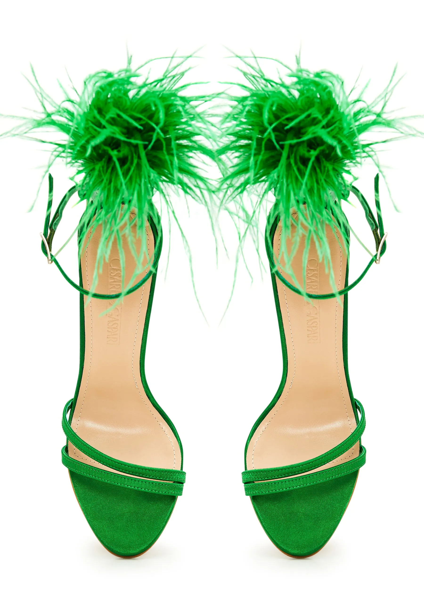 Elegant Feathered Ankle Strap Luxury High Heel Sandals - Green