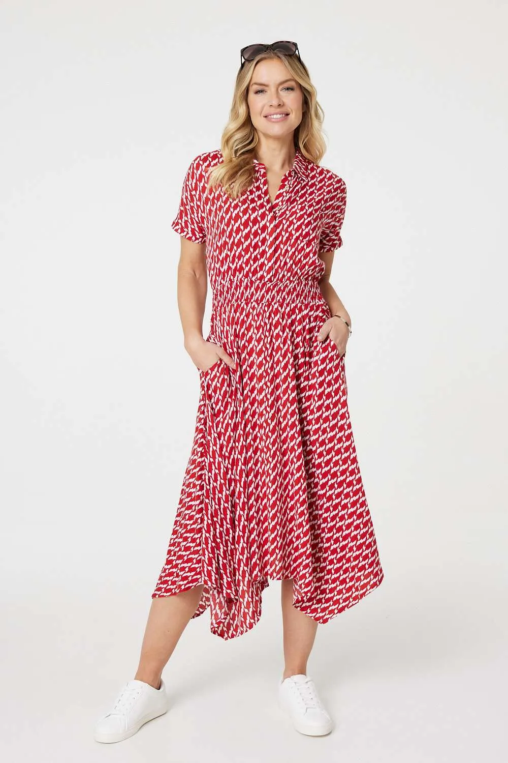 Geo Print Hanky Hem Midi Dress