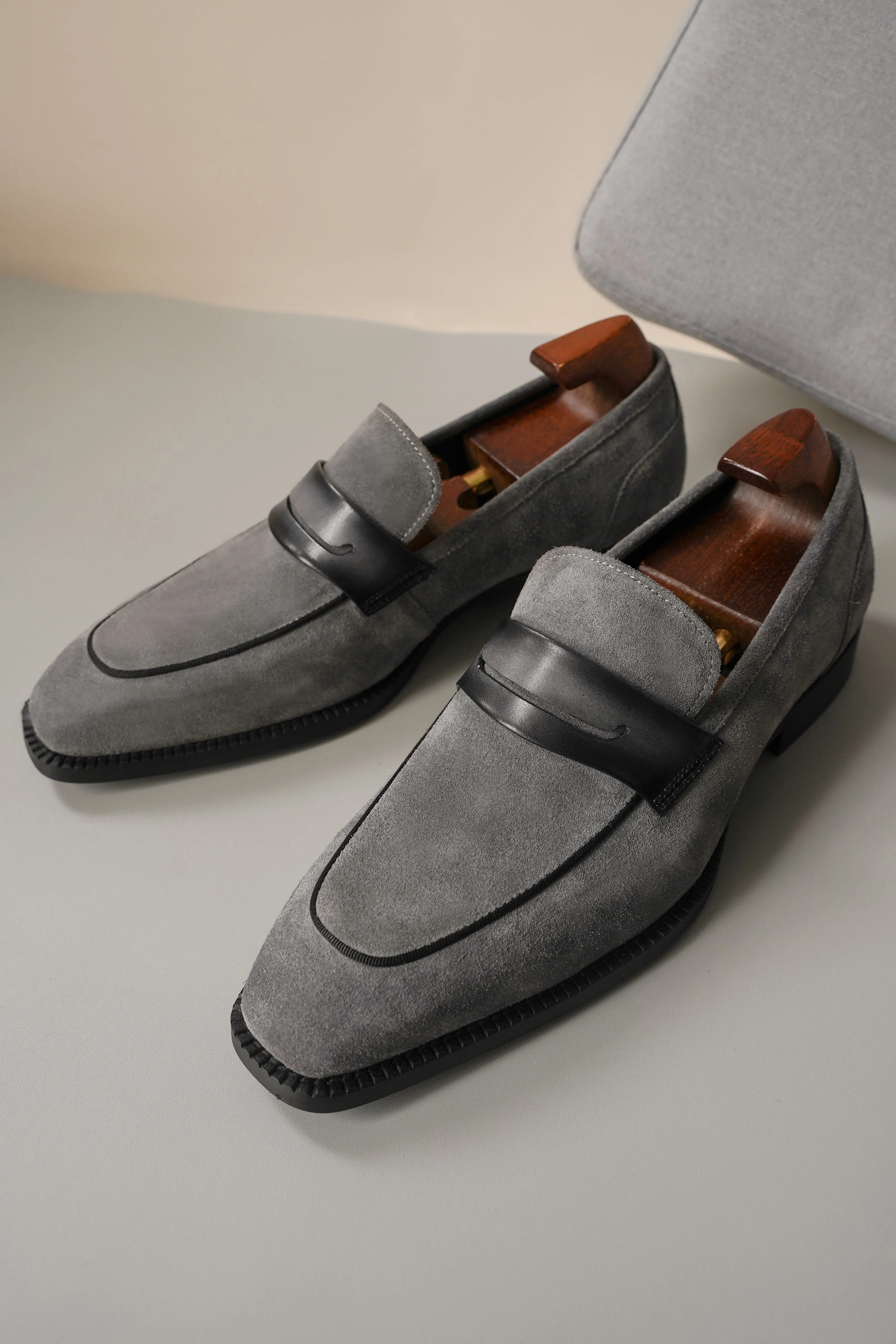 Gray Suede Penny Loafers