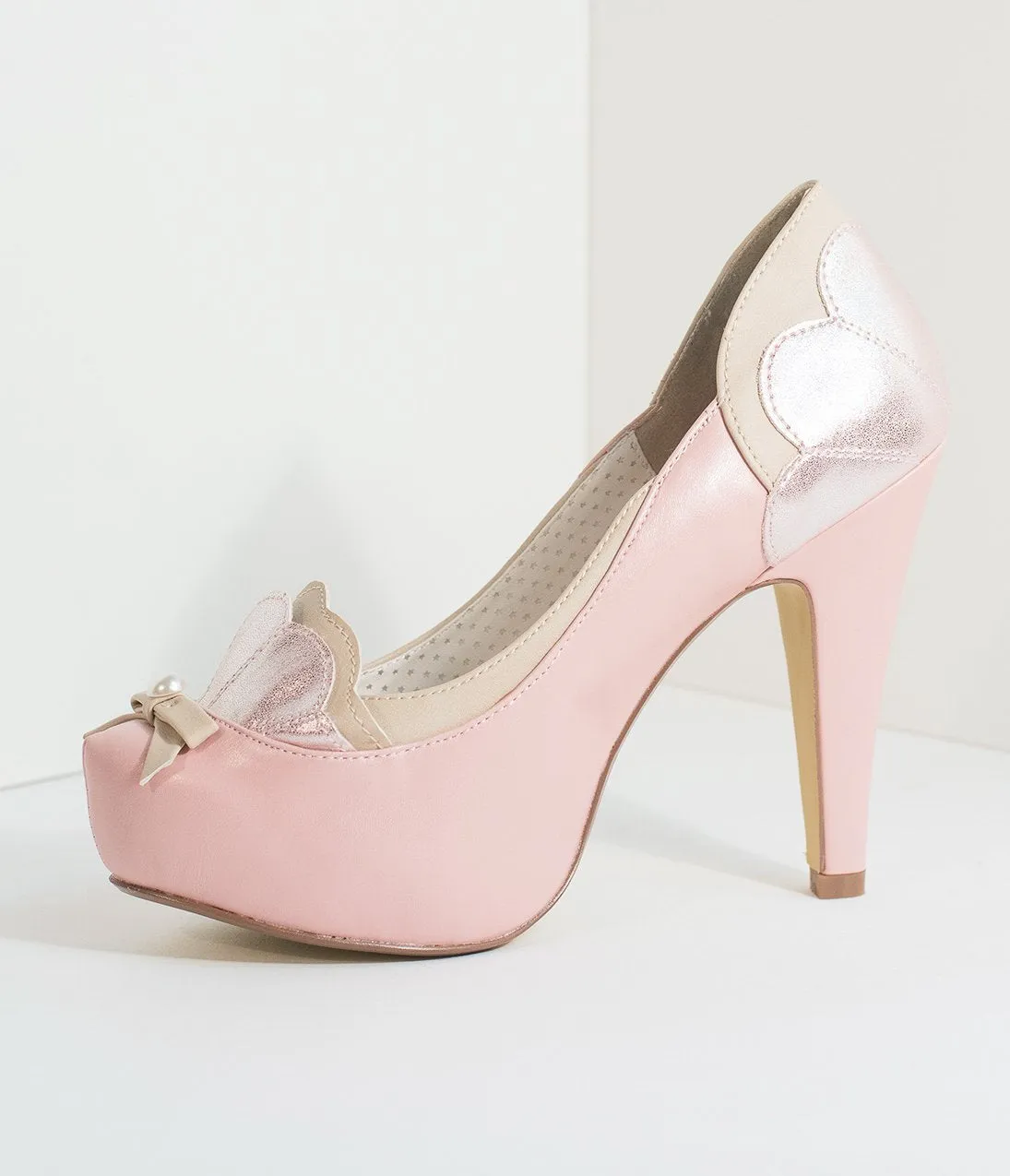 Light Pink & Tan Leatherette Sparkle Shell Bettie Pumps