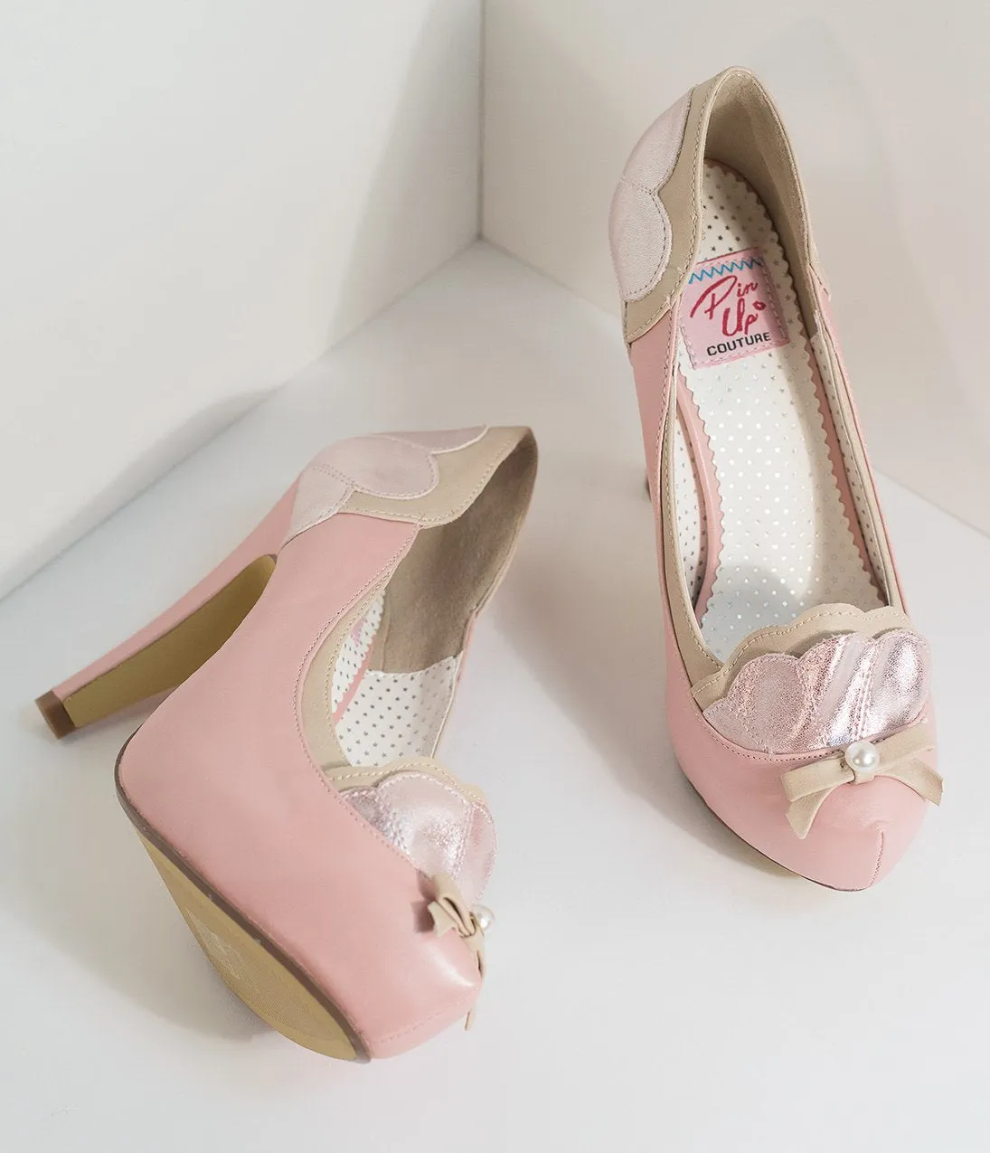 Light Pink & Tan Leatherette Sparkle Shell Bettie Pumps