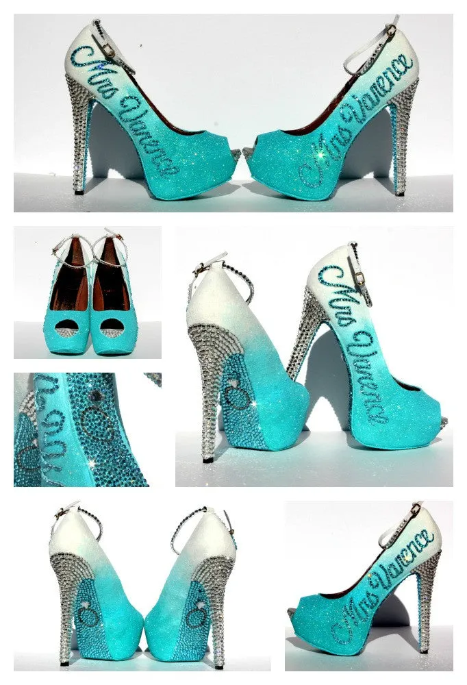 Personalized Wedding Shoe in aqua with crystals