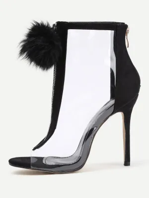 Pom Pom Front Zipper Design Stiletto Heels