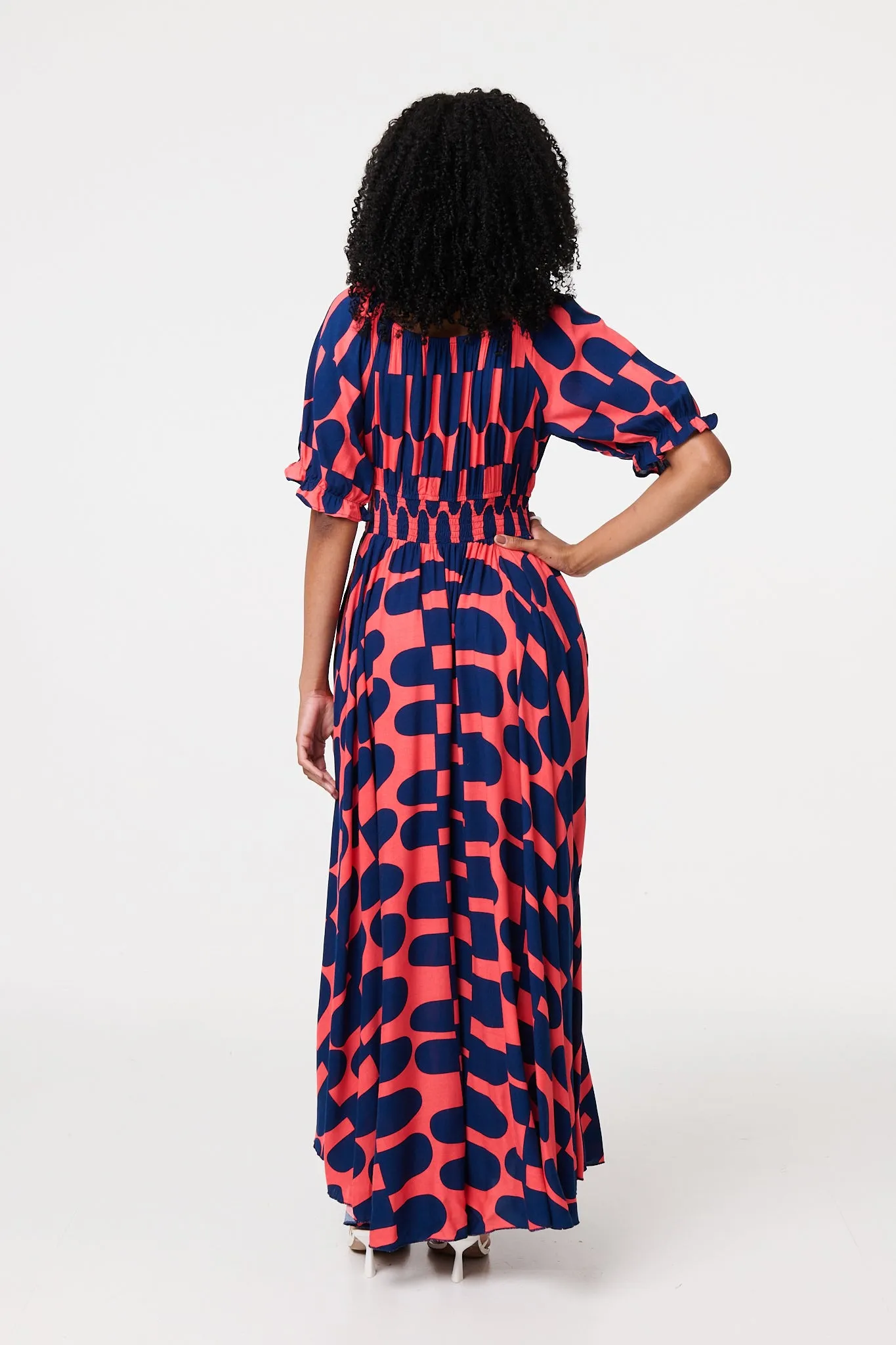 Printed V-Neck Short Puff Sleeve Maxi Dress