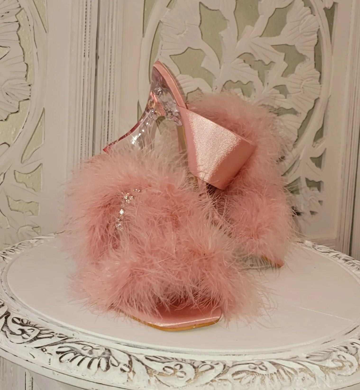 "LADY HELENA" Blush Feather Crystal Satin Clear Heel Mules