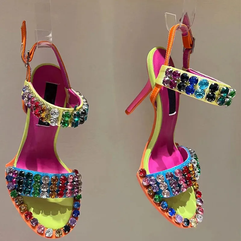 TEEK - Colorful  Crystal Rivets Buckle Sandals