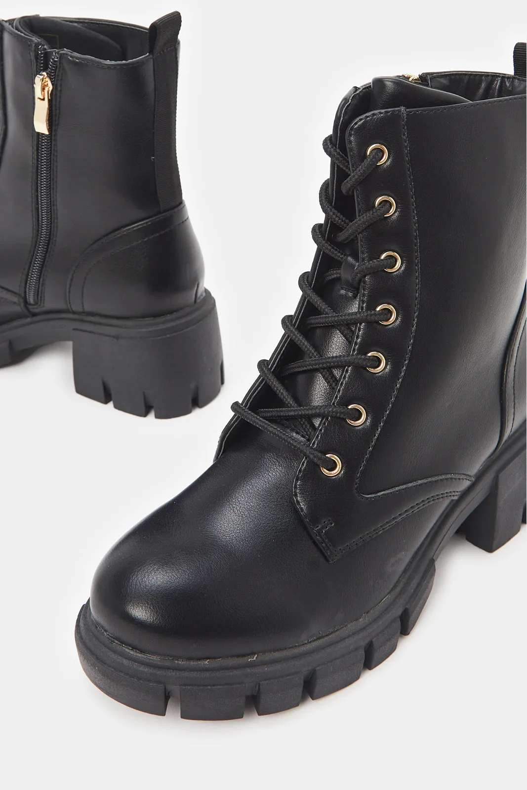 Women Black Lace Up Combat Boots