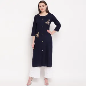 Women'S Embroidered/Solid Straight Rayon Blue Kurta (1Pc)