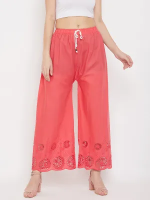 Women'S Peach Straight Embroidered Palazzo