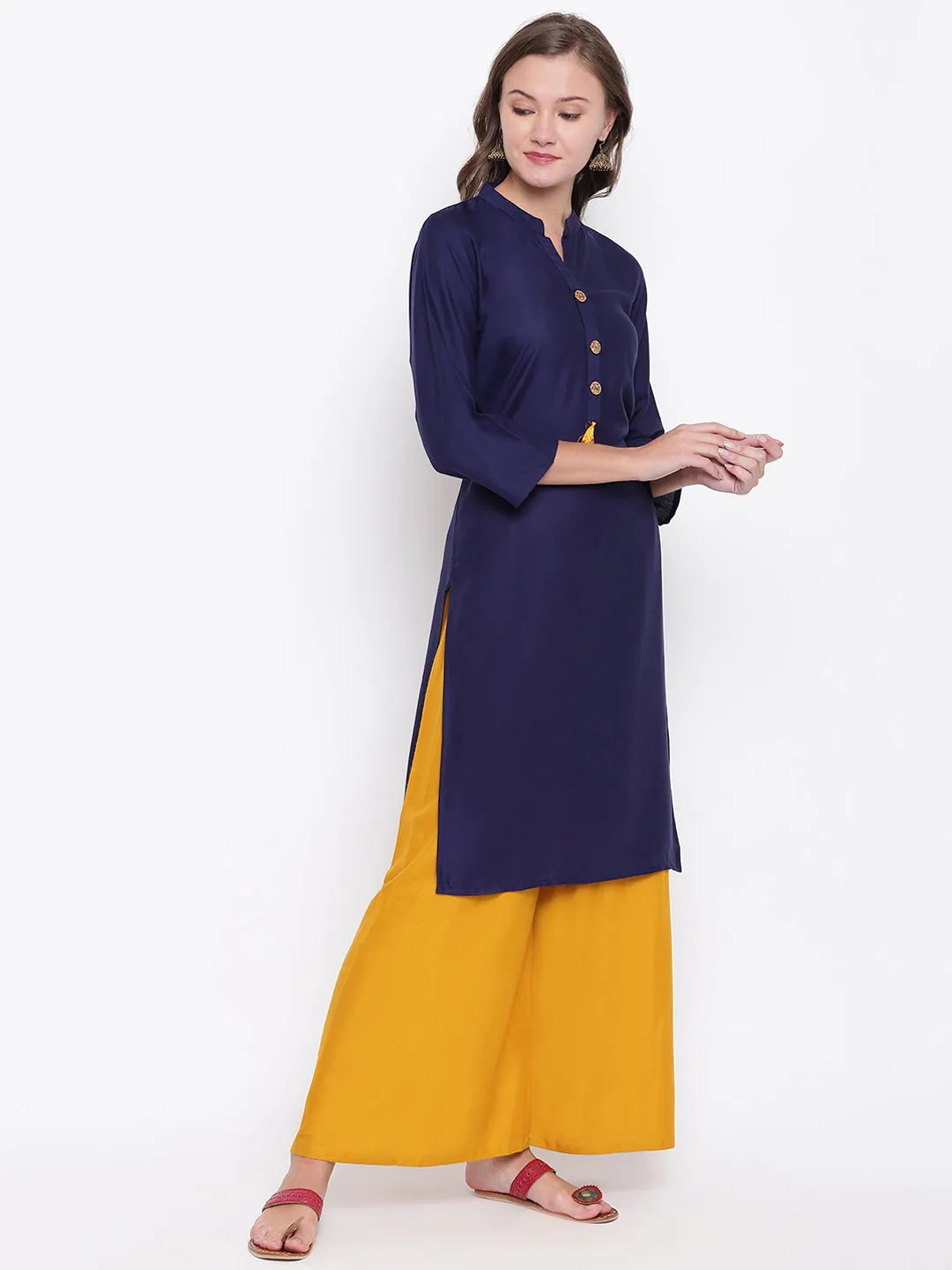 Women'S Solid Straight Rayon Blue Kurti