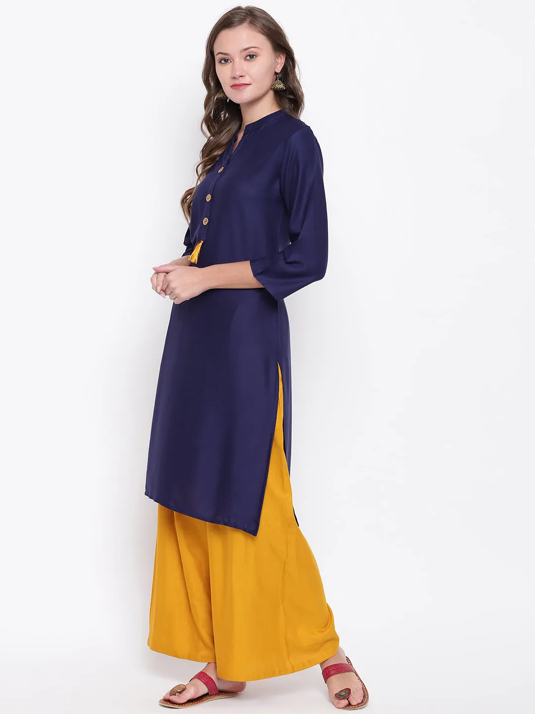 Women'S Solid Straight Rayon Blue Kurti